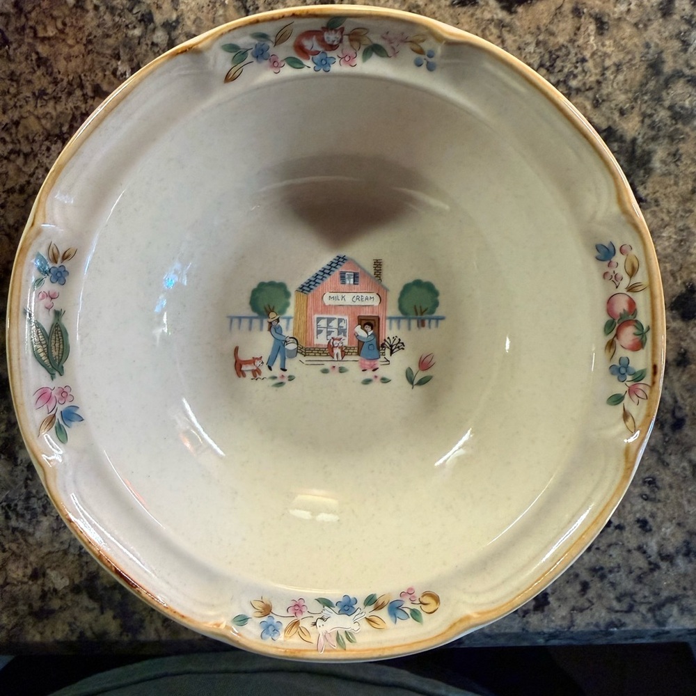 Vintage Floral Rim Ceramic Serving Bowl - Cream with Pastel Accents